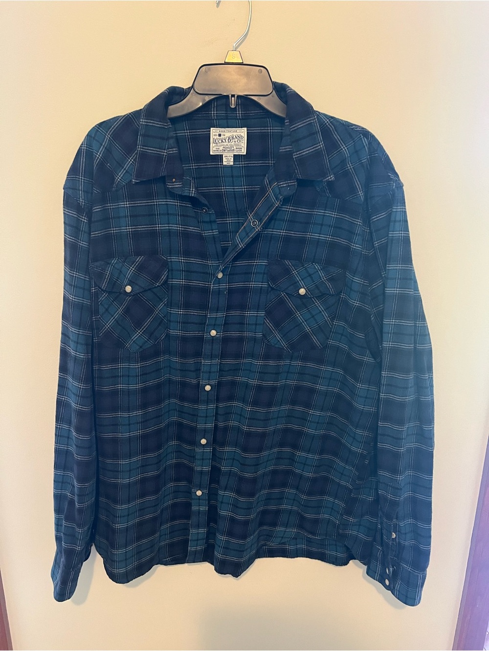 Lucky Brand Men's Teal and Navy Plaid Long-Sleeve Button-Down Shirt